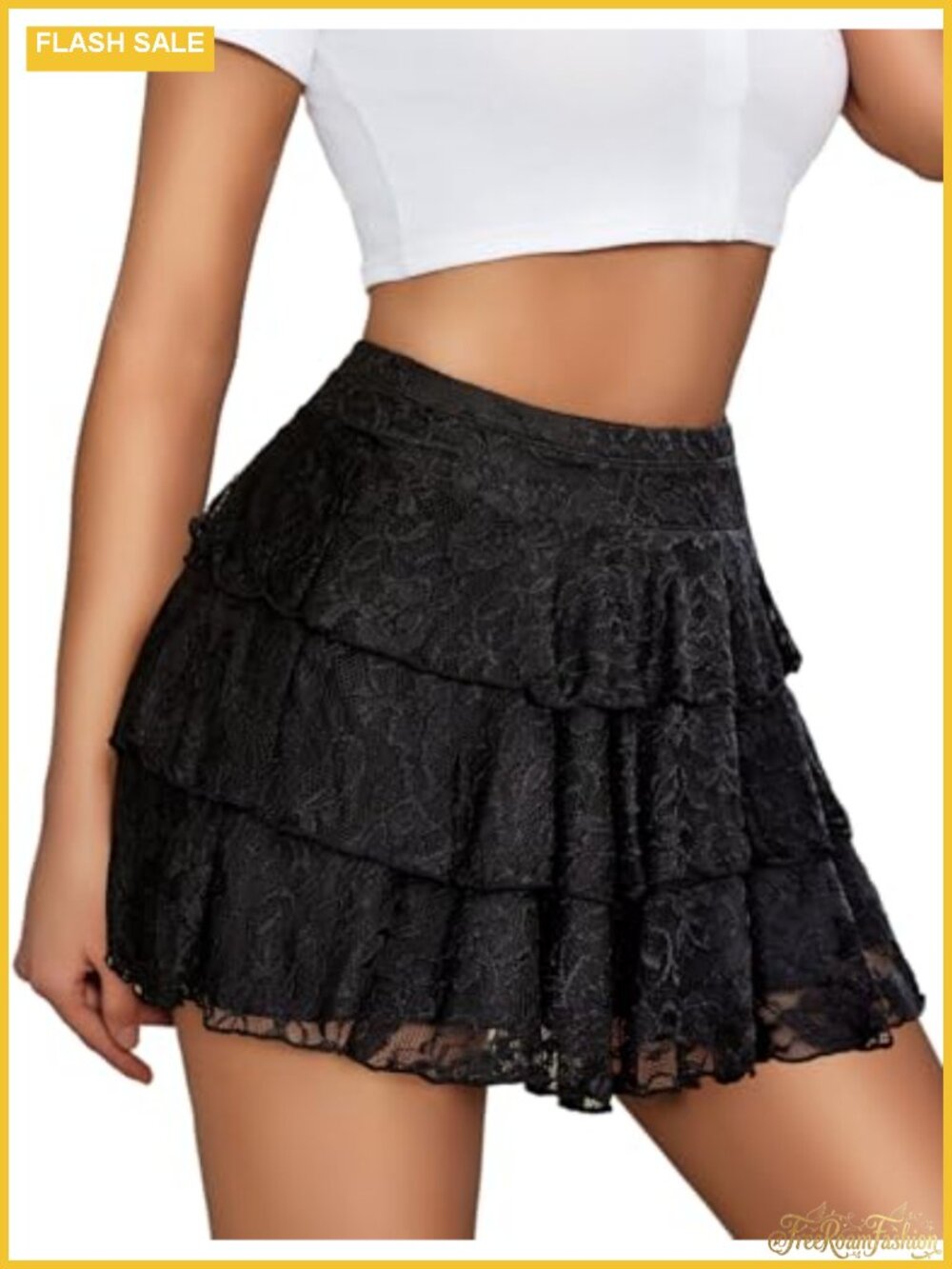 Pleated Mini Skirt Lace Ruffles High Waisted A-Line Flowy Party Skirt